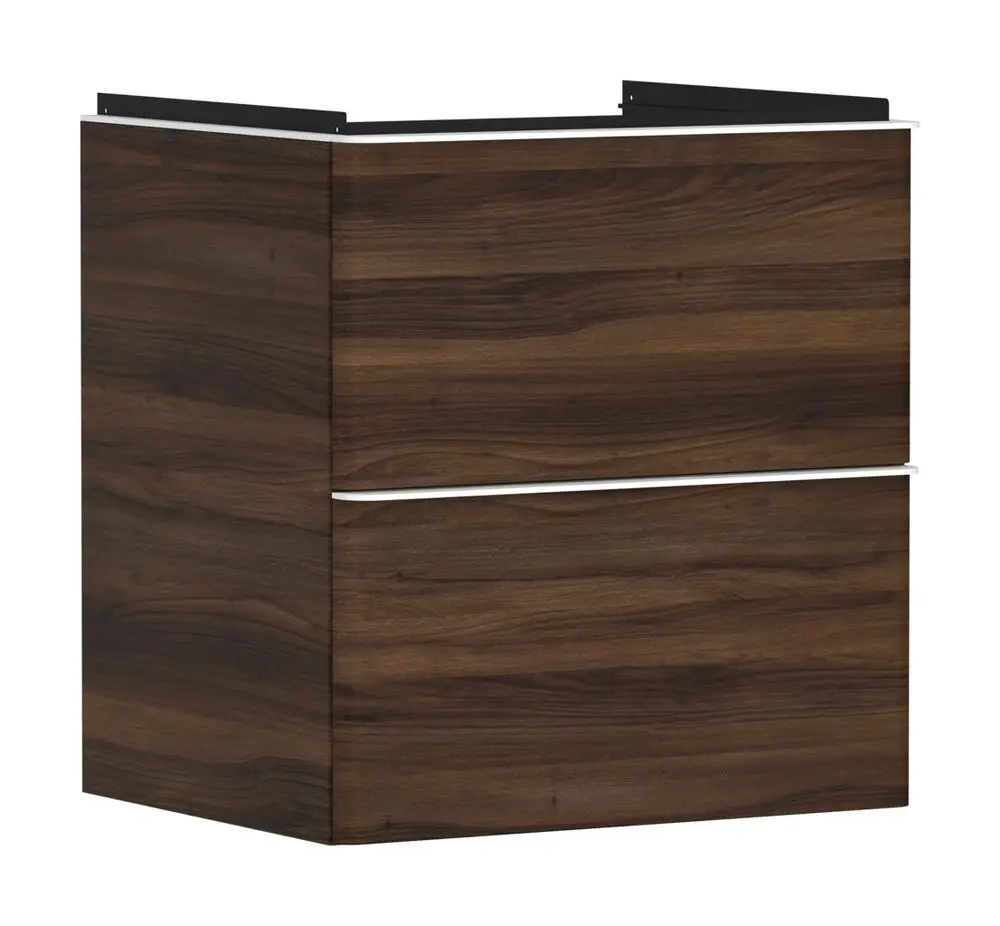 Waschtischunterschrank in dunkler Holzoptik mit zwei Schubkästen, hergestellt von Hansgrohe. Eignet sich zur Kombination mit einem Waschtisch.